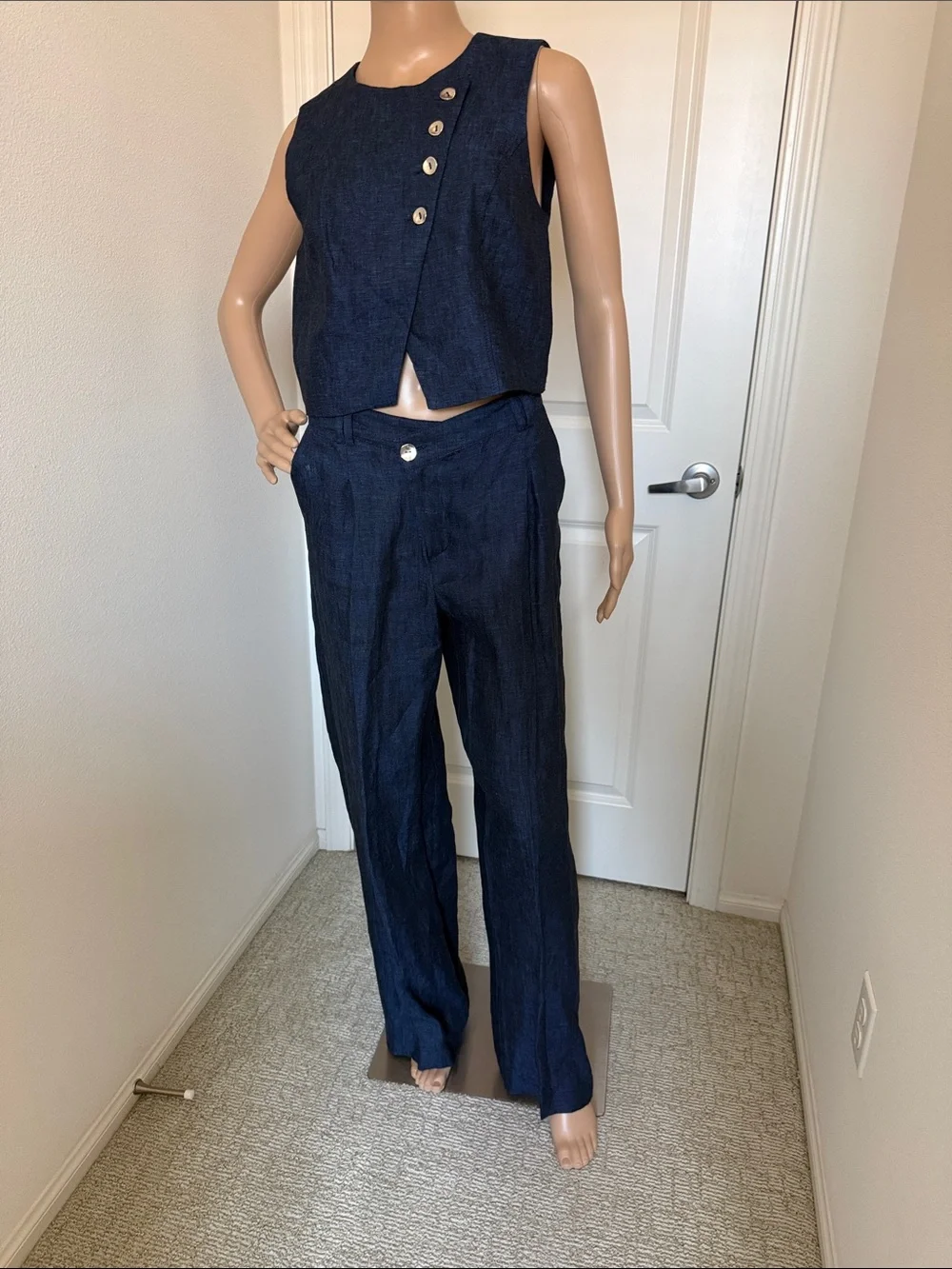 ZARA Sleeveless Navy Double- Breasted 100% linen Vest and Pants Set